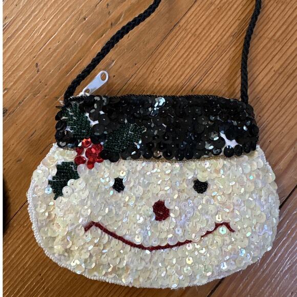White sequin embroidered Christmas black top hat snowman shoulder change purse - Picture 2 of 4